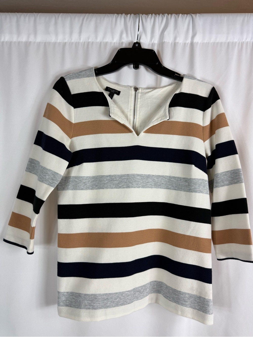 Talbots Striped Knit Top in White, Navy, Camel, Black & Gray size: SP